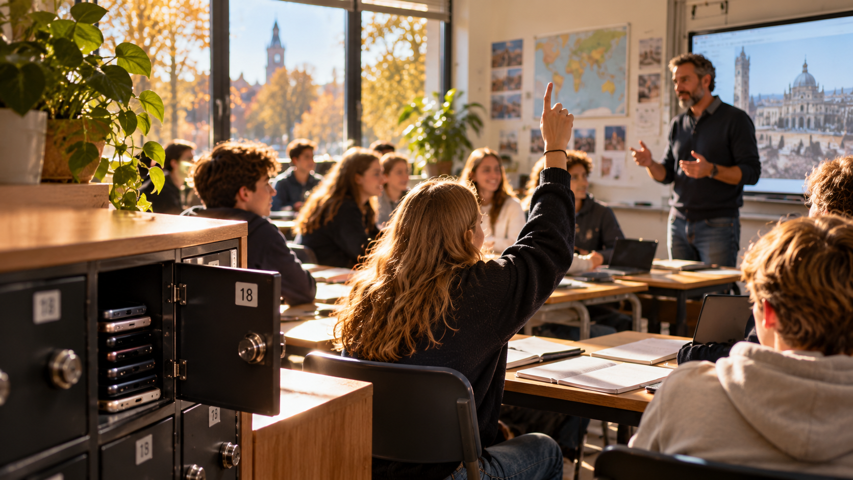 Aandachtige klas met telefoonkluisje